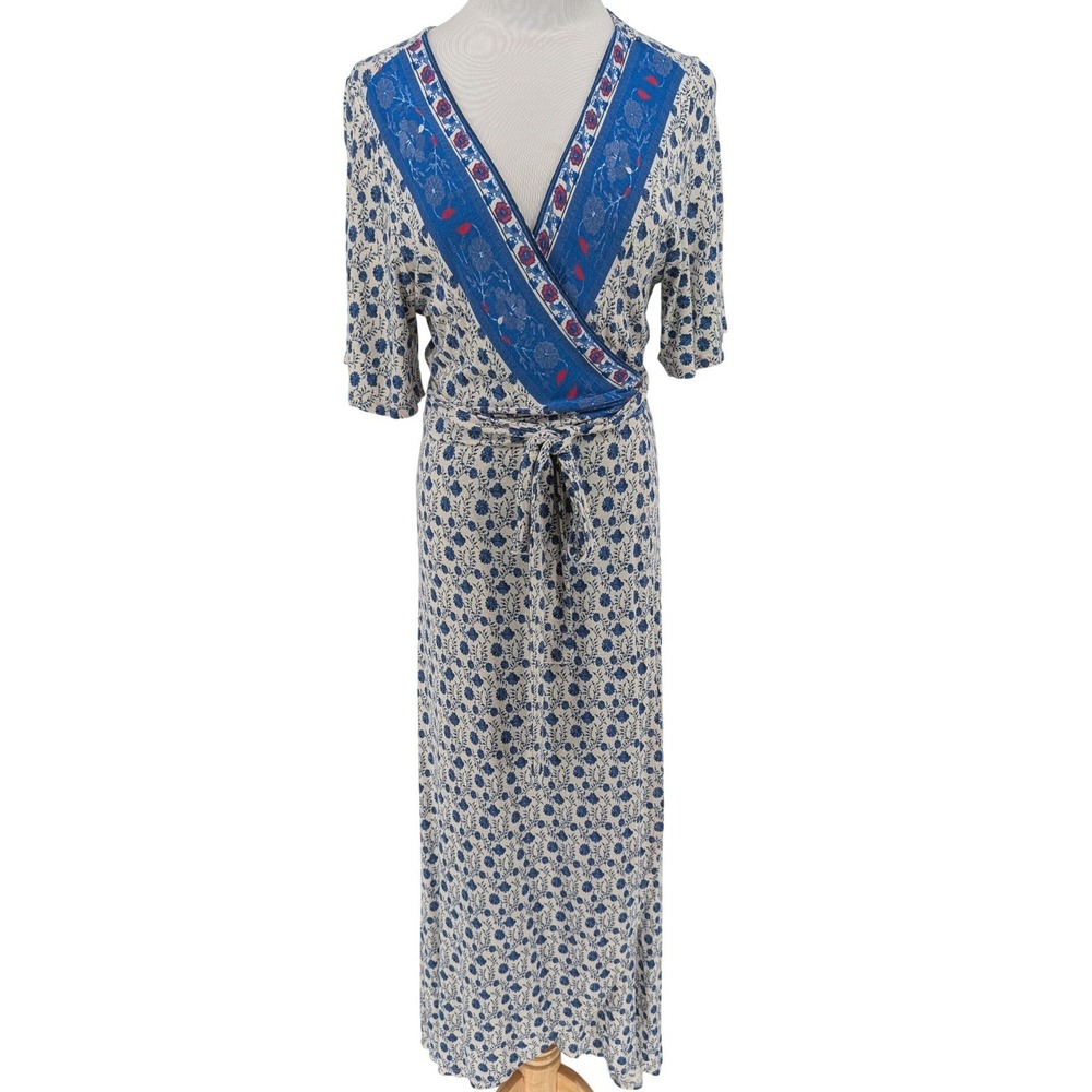 Lucky Brand Border Print Wrap Midi Dress M Blue Floral Boho Chic Cottage Prairie - Picture 3 of 16